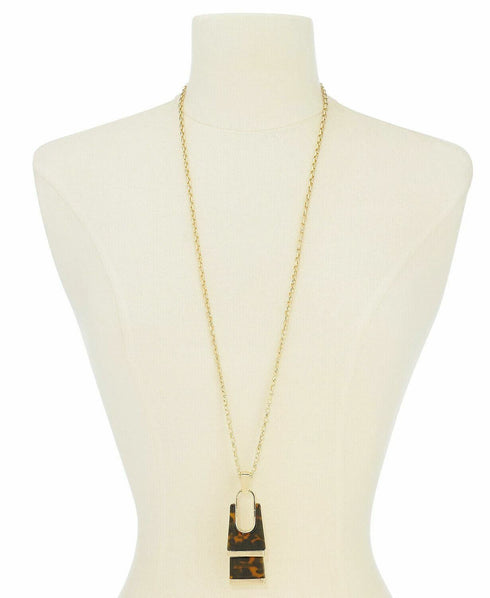 Alfani Gold-Tone Tortoise-Look Rectangle Pendant Necklace, 34" + 2" extender