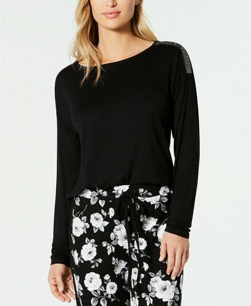 Inc Metallic-Trimmed Soft Long Sleeves Pajama Top Black Size XS
