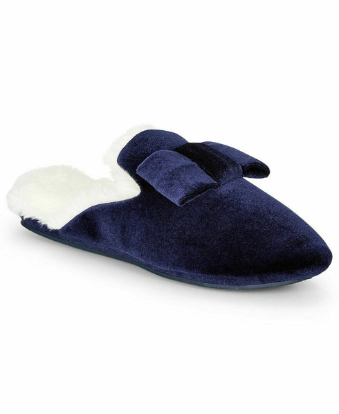 Charter Club Women's Velvet Bow Slippers With Faux Fur Blue Size Large $35