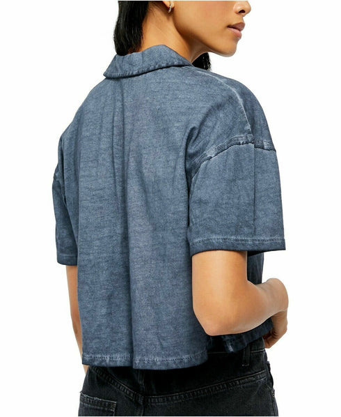 Free People Womens Navy Short Sleeve Collared Top Size Small