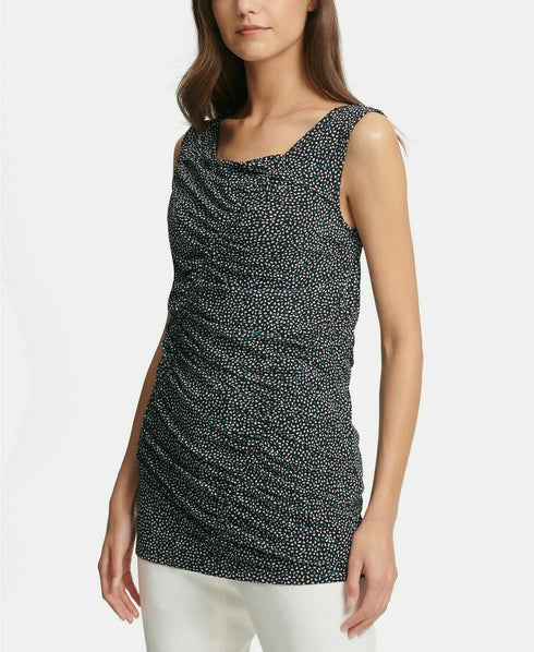 DKNY Women's Sleeveless Printed Ruched Mesh Blouse Shirt Top Size Small