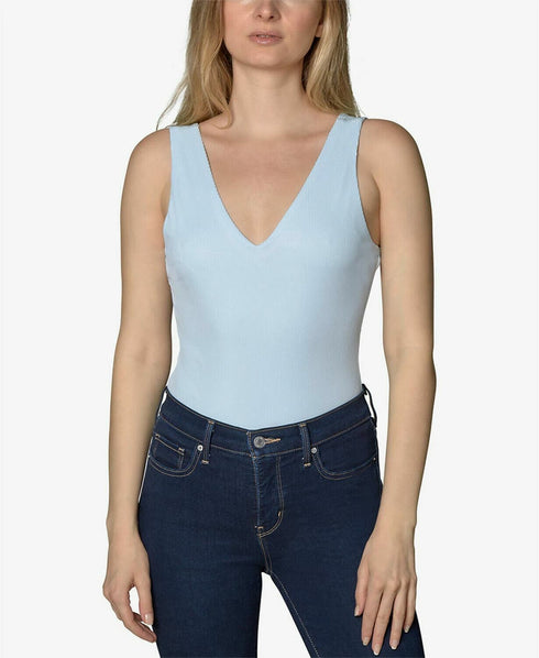 Just Polly Juniors' Rib-Knit Sleeveless Bodysuit Light Blue Size XL