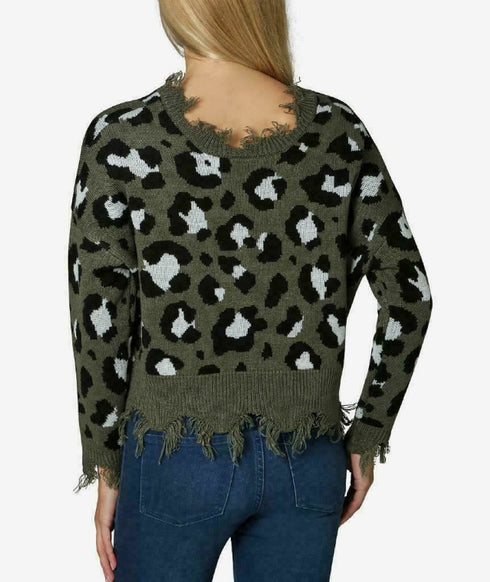 Polly & Esther Juniors' Destructed Animal-Print Sweater, Size L