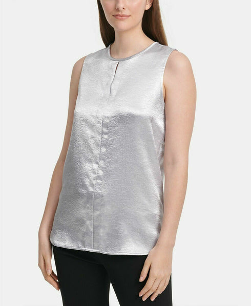 DKNY Women's Shimmer Split Neck Satin Tank Blouse Shirt Top Size Small