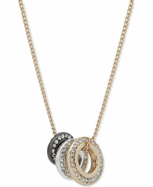 DKNY Tri-Tone Pavé Circle Pendant Necklace, 16" + 3" extender