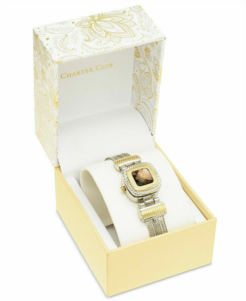 CHARTER CLUB Jeweled Square Flip-Top Bracelet Watch, Two-Tone Brown crystal
