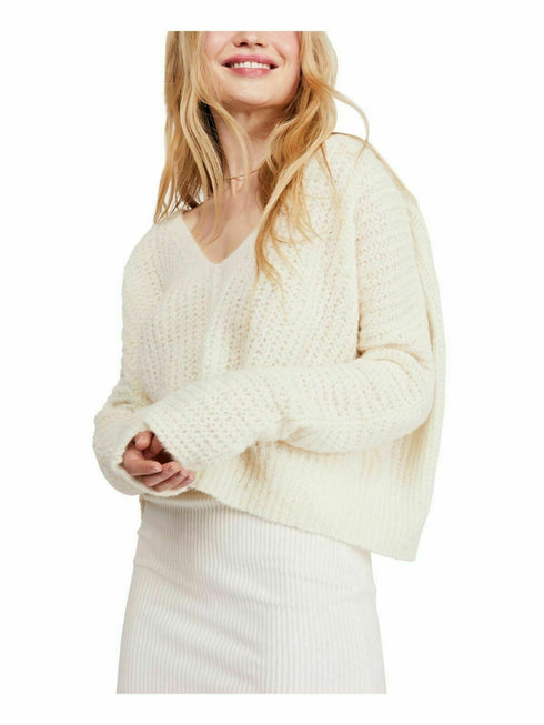 Free People Womens White Long Sleeve V Neck Sweater Size Small