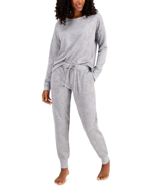 Alfani Women's Gray Animal French Terry Top & Pants Pajama Set Sleepwear Size XS