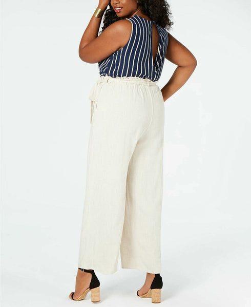 MONTEAU Womens Ivory Belted Sleeveless V Neck Wide Leg Jumpsuit Plus Size: 2X