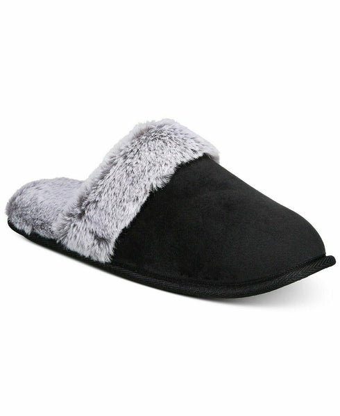 Charter Club Women's Slippers with Faux-Fur Trim Black Size Small