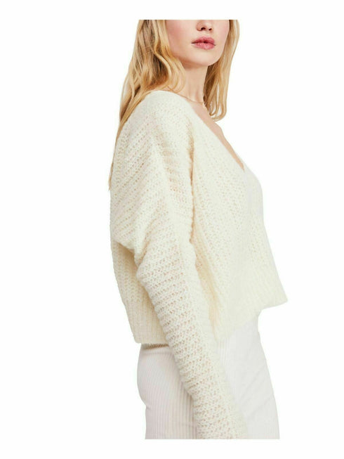 Free People Womens White Long Sleeve V Neck Sweater Size Small