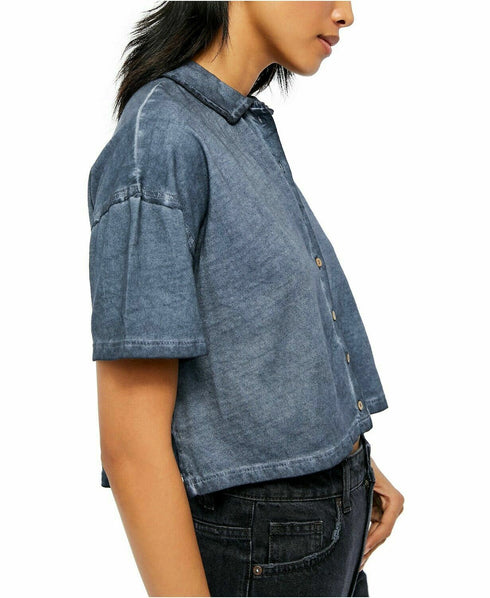Free People Womens Navy Short Sleeve Collared Top Size Small