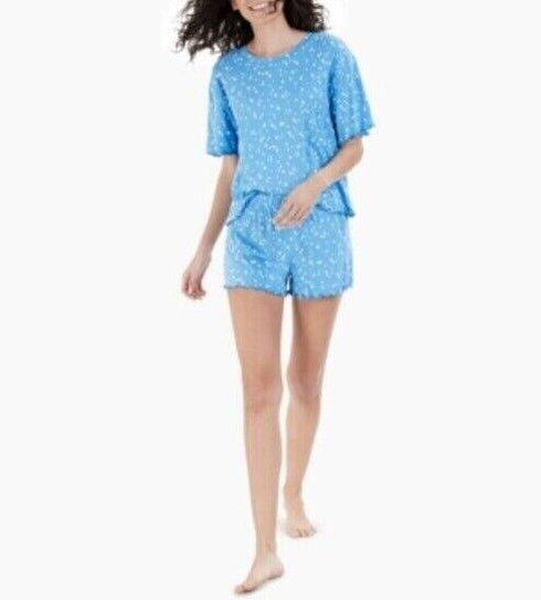 Jenni Intimates Moon & Stars Print Lettuce Edge 2-Piece Shorts Pajama Set XS