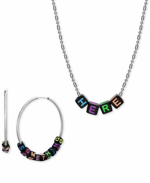Steve Madden DIY Lettering Beads Hoop Earrings & Necklace Set Silver Black