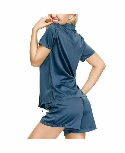 Ink+Ivy Women's Short Sleeve Notch Collar Pajama Top and Short Set Navy XL