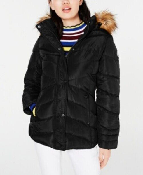 Madden Girl Juniors' Hooded Faux-Fur-Trim Puffer Coat Black Size Large