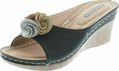 GC Shoes Women's Sydney Rosette Slide Wedge Sandals Black Size 8M