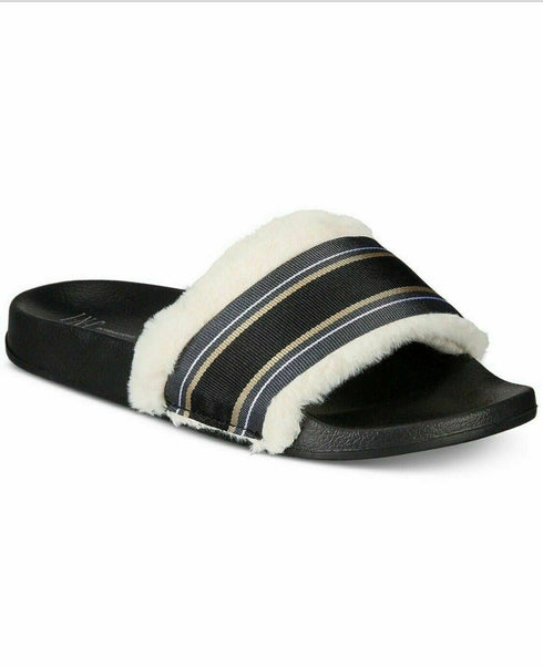 INC Women's Faux-Fur Varsity Slide Slippers, Black, XL 11/12