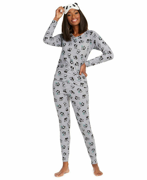 Jenni Intimates Women's Printed Knit Pajama & Mask Set Tossed Panda Size XL