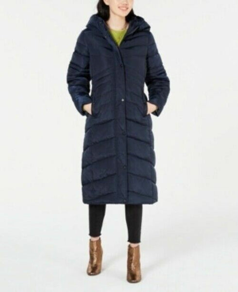 Madden Girl Juniors' Hooded Maxi Puffer Coat Navy Size Large