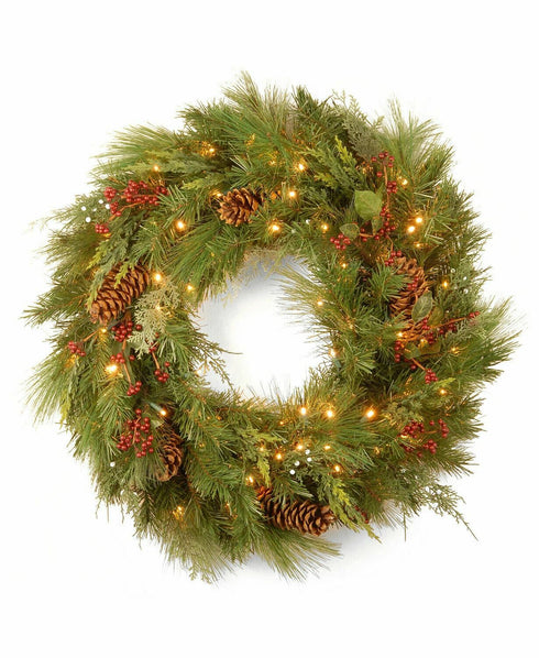 National Tree Company 30" White Pine Wreath - Pine Cones and 100 LED lights $189