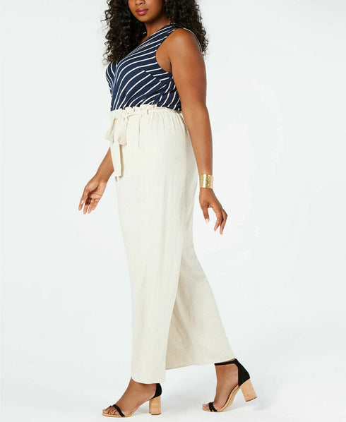MONTEAU Womens Ivory Belted Sleeveless V Neck Wide Leg Jumpsuit Plus Size: 2X