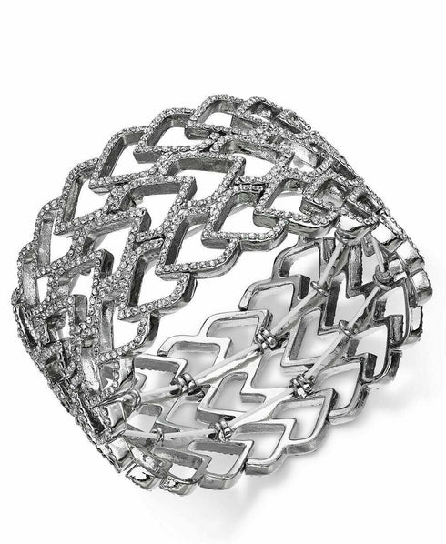 INC Silver Tone Crystal Pave Heart Wide Stretch Elastic Cuff Bracelet $50