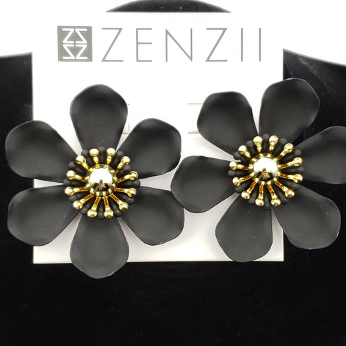 Zenzii Gold-Tone Painted Black Metal Flower Stud Earrings MSRP $45