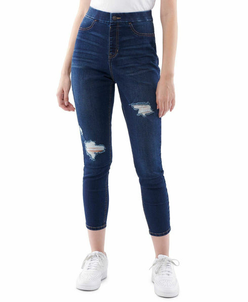 Vanilla Star Juniors' Curvy Ripped Pull-On Skinny Jeans Size Large