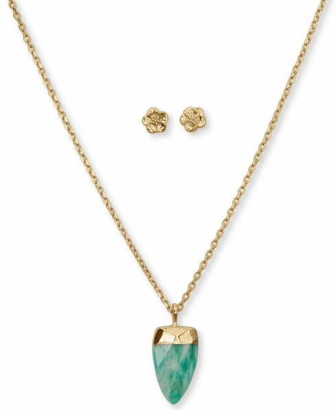 Lucky Brand Gold-Tone Geometric Amazonite Pendant Necklace & Flower Stud Earring