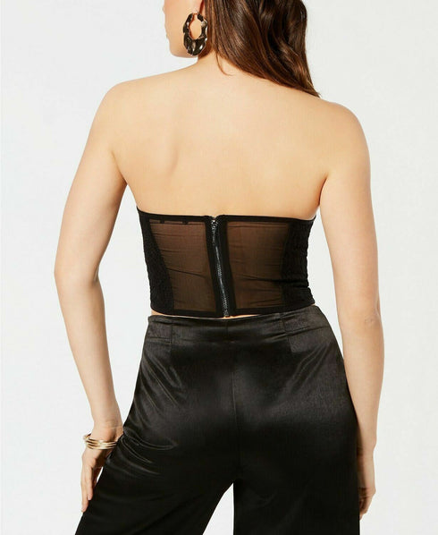 Guess Women's Black Jennifer Cropped Sleeveless Lace Bustier Top Size Large