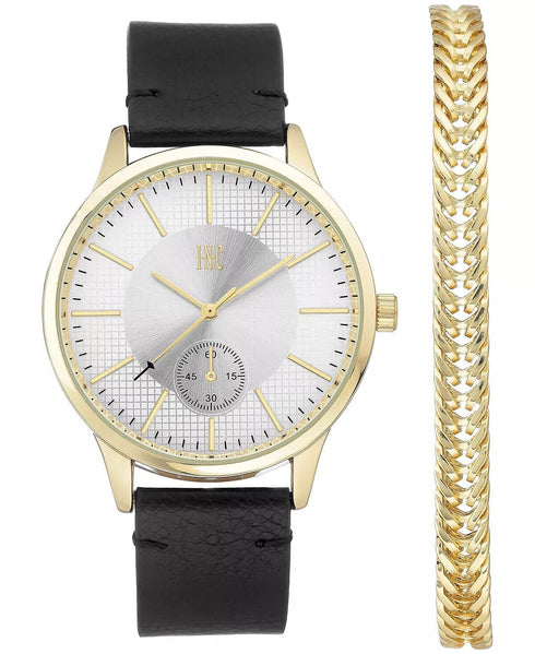 I.N.C. Mens Black Faux Leather Strap Watch 43mm And Bracelet Set