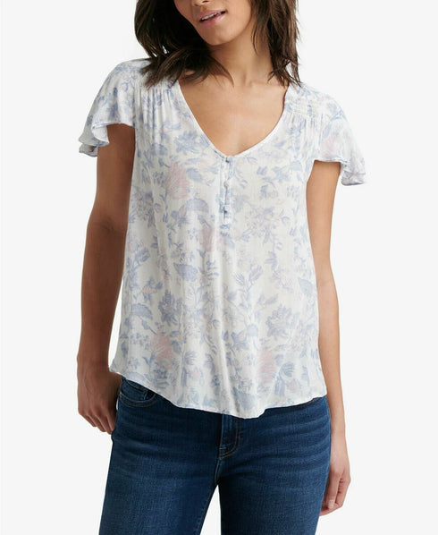 LUCKY BRAND Womens Ivory Printed Cap Sleeve V Neck Top Size: XS