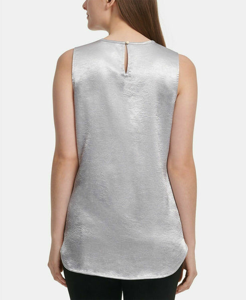 DKNY Women's Shimmer Split Neck Satin Tank Blouse Shirt Top Size Small