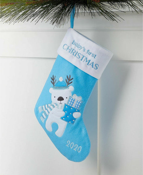 Holiday Lane Baby's First 2020 Fleece Polar Bear Baby Stocking in Blue