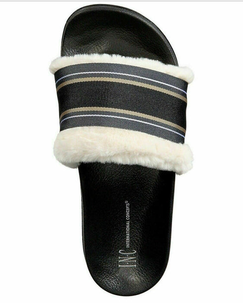 INC Women's Faux-Fur Varsity Slide Slippers, Black, XL 11/12