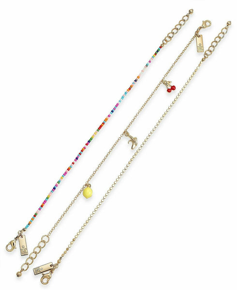 I.N.C. Gold-Tone 3-Pc. Set Bead & Fruit Charm Ankle Bracelets