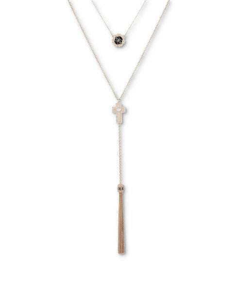 GUESS Gold-Tone Jet Logo, Crystal Cross & Chain Tassel Layered Lariat Necklace