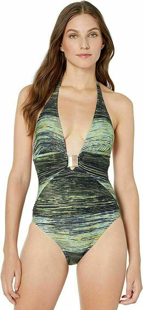 Vince Camuto Womens Plunge Halter One Piece Swimsuit Midnight Waves Deep Sea 4