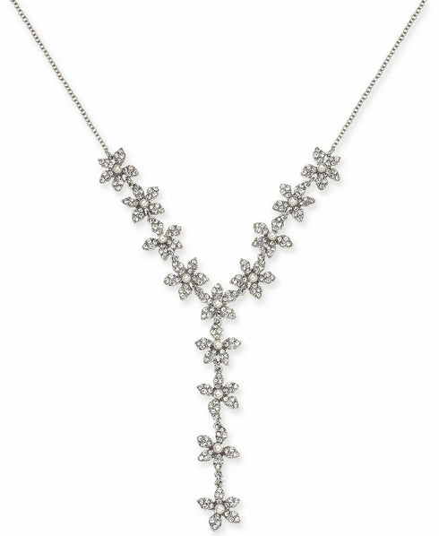 INC Silver-Tone Pavé & Imitation Pearl Flower Lariat Necklace, 24" + 3" extender