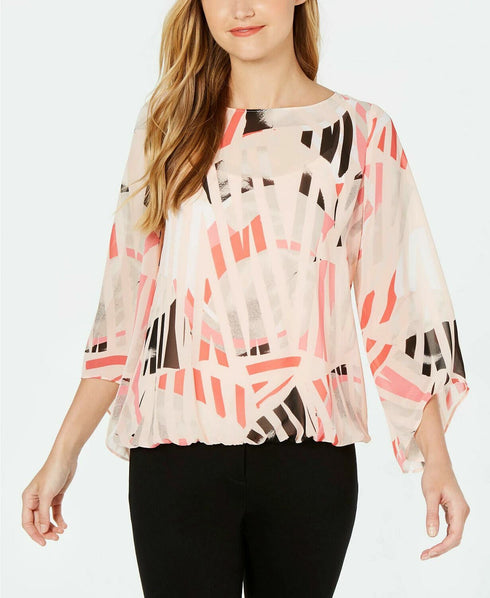Alfani Top Crew Neck Long Sleeve Pink Printed Blouse Women Size Small