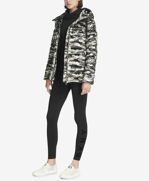DKNY Womens Sport Camo-Print Velvet Hooded Jacket Camo Size S