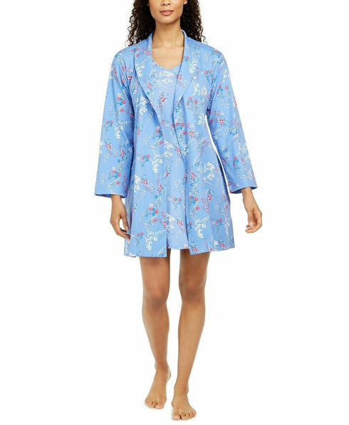 Charter Club Womens Cotton Floral Print Wrap Robe Blue Size XS