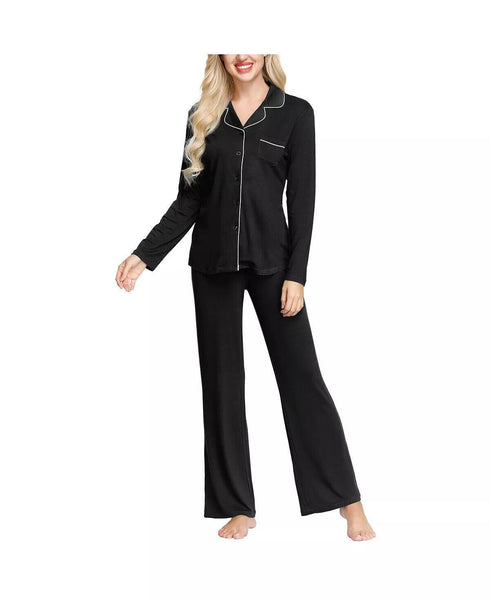 INK+IVY Women's Notch Collar Pajama Top and Pant Set Black Size Small
