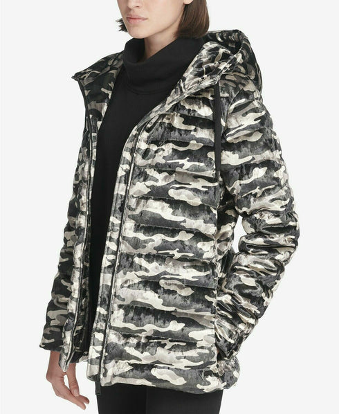 DKNY Womens Sport Camo-Print Velvet Hooded Jacket Camo Size S