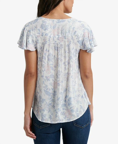LUCKY BRAND Womens Ivory Printed Cap Sleeve V Neck Top Size: XS