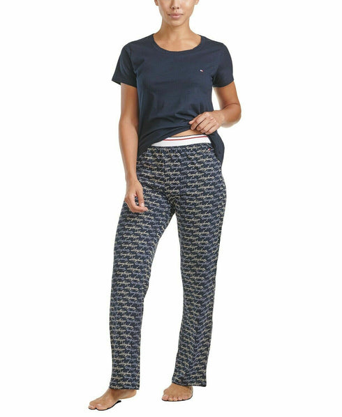 Tommy Hilfiger Solid T-Shirt & Printed Pants Pajama Set Navy Size XL