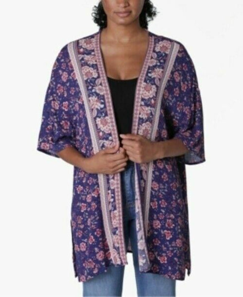 Ultra Flirt Womens Kimono Blue Size Large L Border-Print Cardigan