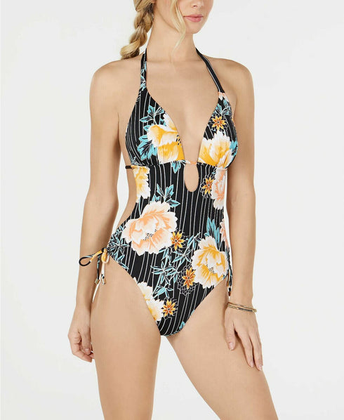 Bar III One-Piece Swimsuit Floral Stripe Printed Large New
