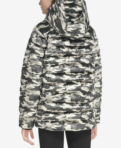 DKNY Womens Sport Camo-Print Velvet Hooded Jacket Camo Size S